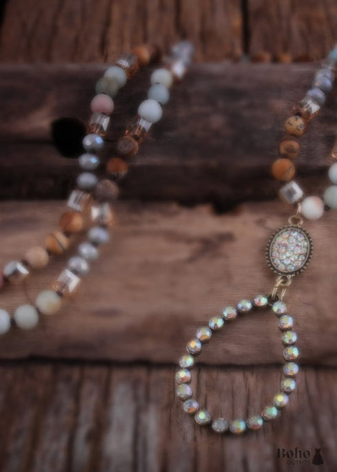 Boho Necklace, Jewelry Set, RH Amazonite Crystal Green Black Natural Stone
